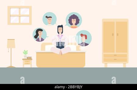 Concept video conference or working at home vector with flat characters talking to each other by online group calling. Stock Vector