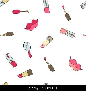 Seamless pattern background with lips. Lipstick and mirror vector illustration. Cosmetic makeup. Stock Vector