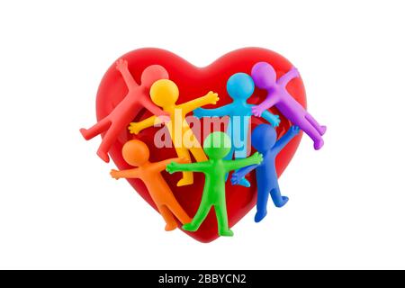 Group of colorful people figures sticking together with red heart isolated on white background with clipping path Stock Photo