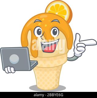 Cartoon character of orange ice cream clever student studying with a laptop Stock Vector