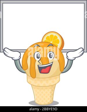 Mascot design of orange ice cream lift up a board Stock Vector