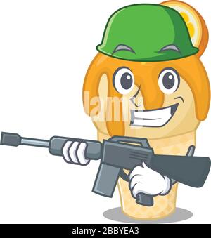 A cartoon picture of orange ice cream in Army style with machine gun Stock Vector