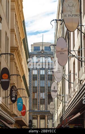 The Majorca Building in Melbourne seen from Degraves Street with store signs Stock Photo