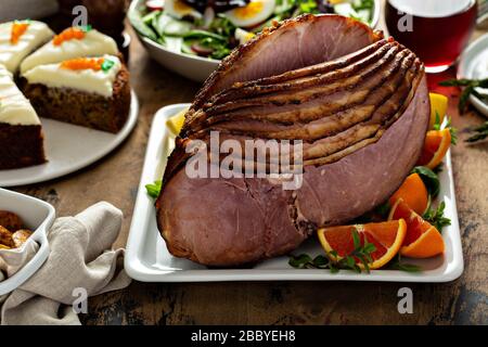 Brown sugar glazed spiral cut ham Stock Photo