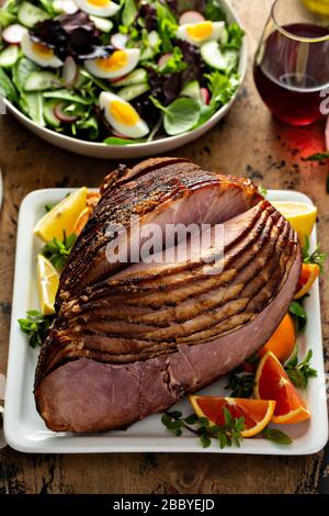 Brown sugar glazed spiral cut ham Stock Photo