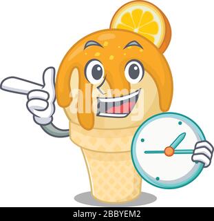 Orange ice cream mascot design concept smiling with clock Stock Vector