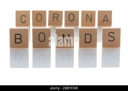 Corona bonds as protection against the economic downturn caused by the corona virus crisis in the euro zone. Isolated on white background. Germany Stock Photo