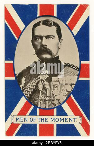 Early 1900's patriotic postcard from WW1 era depicting Lord Kitchener, 1st Earl Kitchener, Secretary of State for War (a cabinet minister) - one of a series entitled  'Men of the Moment', posted 1915 Stock Photo