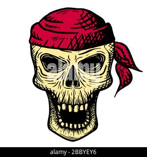 Hand drawn skull of a dead man in a red bandana, on a white background. Vector illustration. Stock Vector