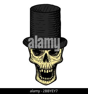Hand drawn skull of a dead man in a black top hat, on a white background. Vector illustration. Stock Vector