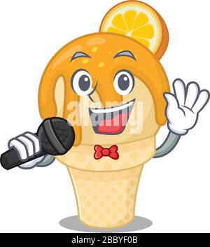 Talented singer of orange ice cream cartoon character holding a microphone Stock Vector