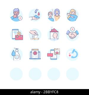 Coronavirus protective measures - colorful line design style icons. Wash hands, social distance, quarantine, avoid touching face, throw used tissue, s Stock Vector
