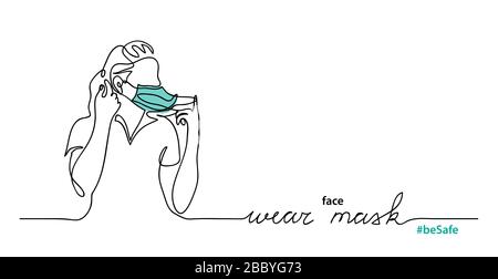 Woman in medical face mask. One continuous line drawing. Stock Vector