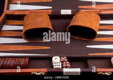 backgammon game with board pieces and dice Stock Photo