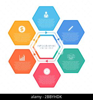 Infographic geometric hexagon design colorful workfliow step icon style. vector illustration. Stock Vector