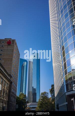 Frankfurt am Main, Germany - October 21, 2018: Cityscape with several bank buildings such as Deutsche Bank Twin Towers, Sparkasse, Bank of Communicati Stock Photo
