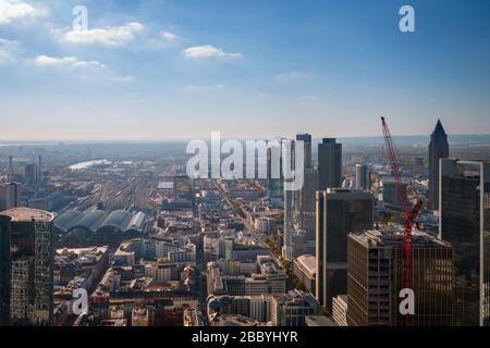 Frankfurt am Main, Germany - October 21, 2018: Aerial panorama cityscape with buildings of financial district such as Trianon (Sparkasse), Messeturm ( Stock Photo