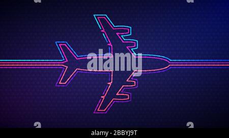 Airplane background. Vector illustration of glowing neon colored airplane silhouette over blue and purple background Stock Vector