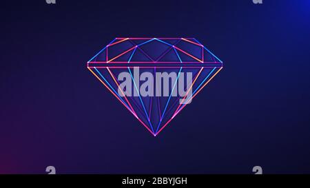 Diamond background. Vector illustration of glowing neon colored diamond gemstone icon over blue and purple background Stock Vector