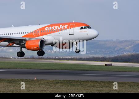 An easyJet aircraft coming into land at Bristol International Airport Stock Photo