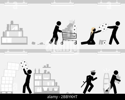 Chaotic scene in a supermarket where people hoarding toilet paper, canned food and other essential items. Stock Vector