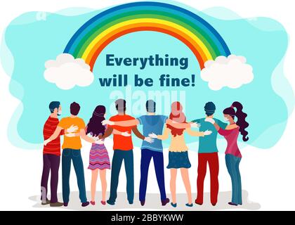 Social campaign slogan - Everything will be fine - Group isolated people embracing - back view- and protecting each other with medical mask and latex Stock Vector