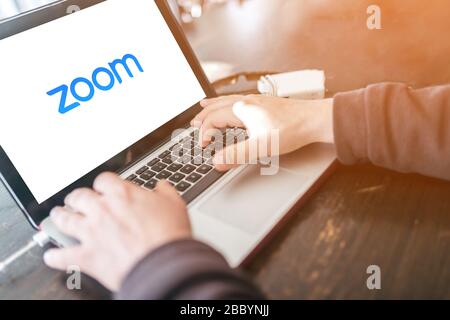 Antalya, TURKEY - March 30, 2020. Laptop showing Zoom Cloud Meetings app logo. Stock Photo