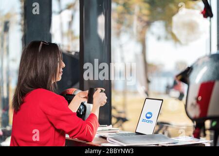 Antalya, TURKEY - March 30, 2020. Laptop showing Zoom Cloud Meetings app logo. Stock Photo