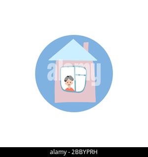 stay at home icon, a young man is in his house and looks out the window Stock Vector