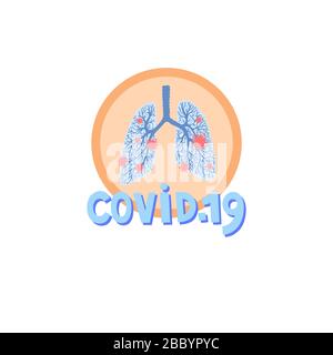 covid-19 icon - human lungs affected by the virus and hand lettering inscription, Stock Vector