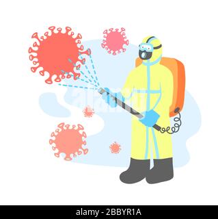 a man in overalls disinfects fight against covid-19, coronavirus 2019-nCoV pandemic protection Stock Vector