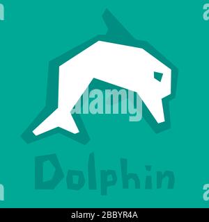 Dolphin paper cut. Brutal modern style. Abstract silhouette on green background with text. Interactive card for learning English alphabet. White icon Stock Vector