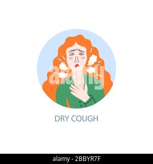 dry cough - symptom of coronavirus, hand drawing icon, sick girl with red hair coughs Stock Vector