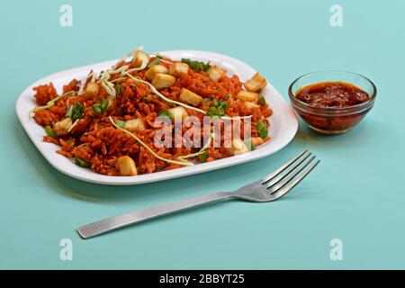.Schezwan paneer fried rice with schezwan sauce,Chinese fried rice with paneer,garnished with spring onion and cabbage Stock Photo