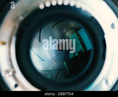 Backside of digital camera lens. Selective focus with shallow depth of field. Stock Photo
