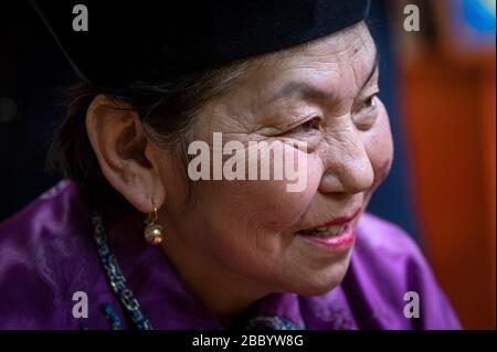 Naryn-Atsagat zone, near Oulan Oude (ulan ude), Siberia, Russia - Mars 09, 2020 : Portrait of buryat woman in traditional costume. Buryatia republic, Stock Photo