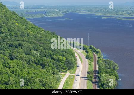 Aerial view of the Mississippi River and the Highway 12 Bridge between