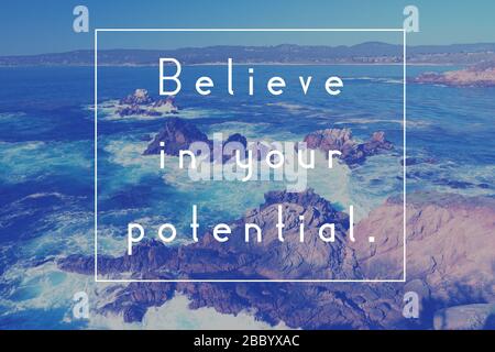Inspirational quote poster - believe in your potential. Success motivation. Stock Photo