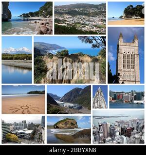 New Zealand landmarks - travel photo collage with Auckland, Wellington, Christchurch, beaches and mountains. Stock Photo