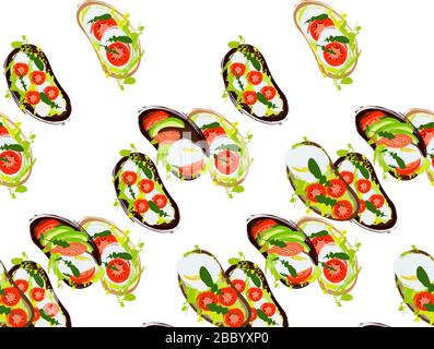 Seamless pattern of sandwiches with avocado, tomato, egg, arugula on a white background Stock Vector