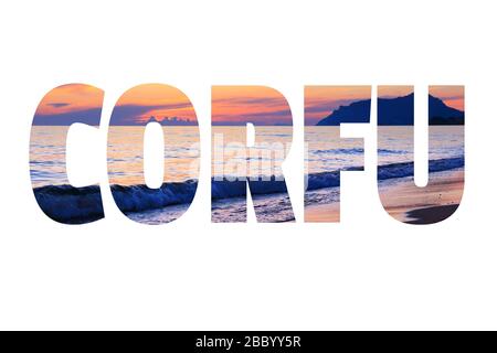 Corfu text sign - Greek island name with background travel postcard photo. Stock Photo