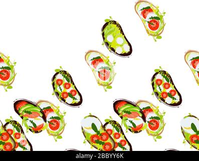 Seamless pattern of sandwiches with avocado, tomato, egg, arugula on a white background Stock Vector