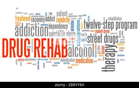 Drug rehab and drugs addiction word collage. Stock Photo
