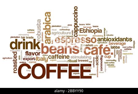 Coffee word collage illustration. Cafe tag cloud. Stock Photo