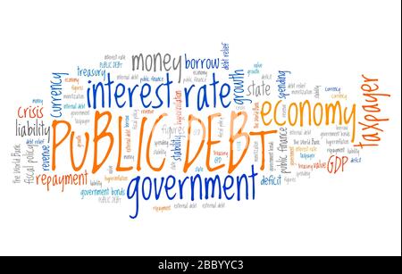 Public debt - national economy financial crisis word collage. Stock Photo