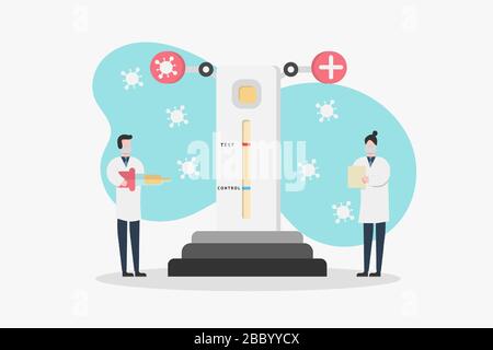 Concept medical science flat design vector with two lab technician character analyzing test for covid-19. Stock Vector