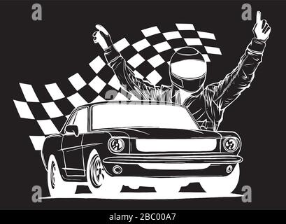 illustration of racing car with checker flag in black background Stock Vector