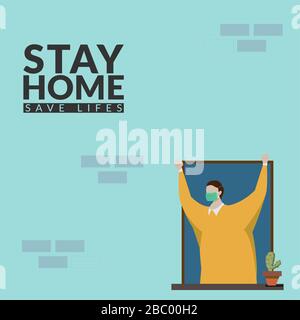 people make self isolation at home for stay home save lifes awareness social media campaign for coronavirus prevention during the covid-19 epidemic. Stock Vector