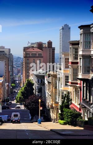 SAN FRANCISCO, USA - APRIL 8, 2014: People drive in the steep streets of San Francisco, USA. San Francisco is the 4th most populous city in California Stock Photo
