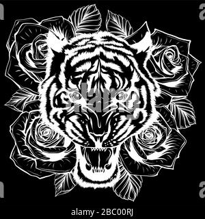 vector illustration of roaring tiger head and roses in black background Stock Vector